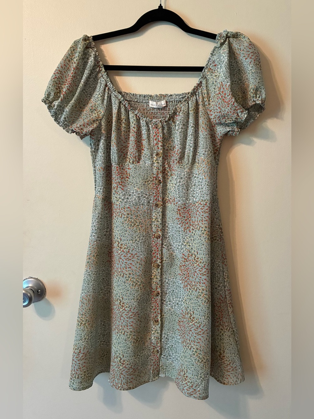 bailey blue Ditsy Floral Smocked Crepe Mini Dress Peasant Milkmaid Puff Sleeve L